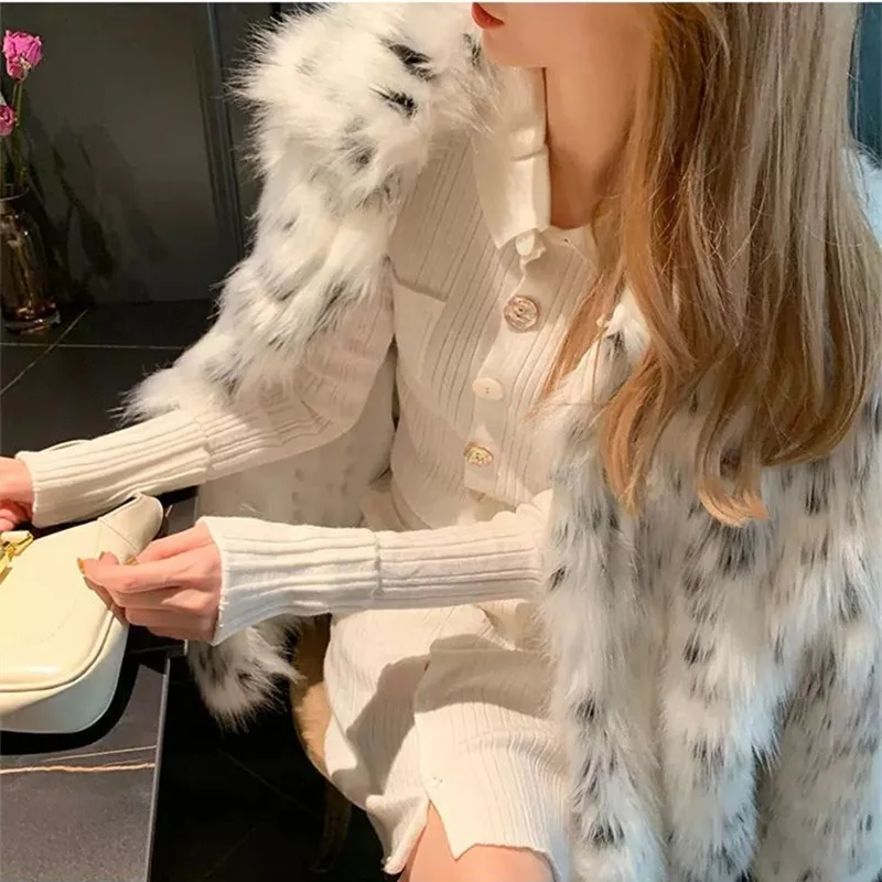 2022 Autumn and Winter Imitation Fox Fur Mid-length Coat Fashion Cute Leopard Print Loose Fur Coat Women