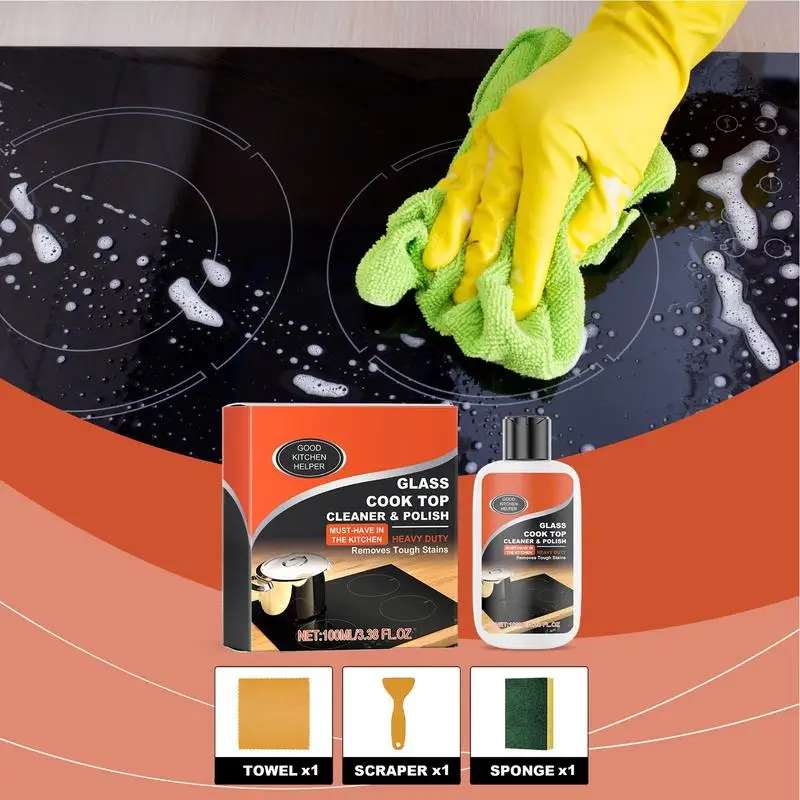 Kitchen Cleaner Kit Non-Scratch Cleaning Kit Glass Cooktop Cleaner Stove Polish Powerful Ceramic Non-Abrasive Kitchen Degreaser