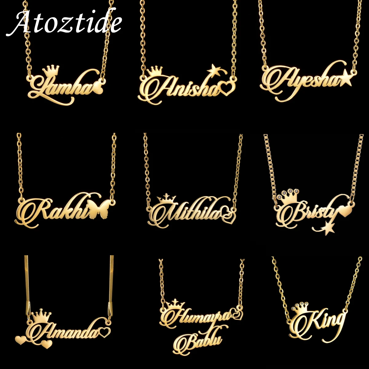 Atoztide Personalized Custom Crown Heart Butterfly Name Necklaces for Women Stainless Steel Pendant Link Chain Jewelry Gift