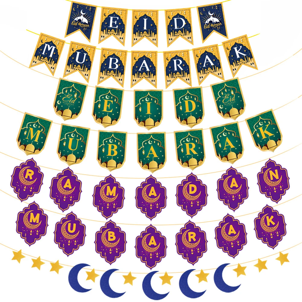 Party Decorations EID MUBARAK Banner Glitter EID Star Moon Letter Paper Bunting Garland Islamic Muslim Mubarak Ramadan Decoration Party Supplies