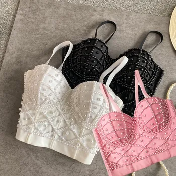 Beadings Women bustier top Lady Corset Top Camis Nightclub Sexy women pearl padded camis femme bead work tanks tops