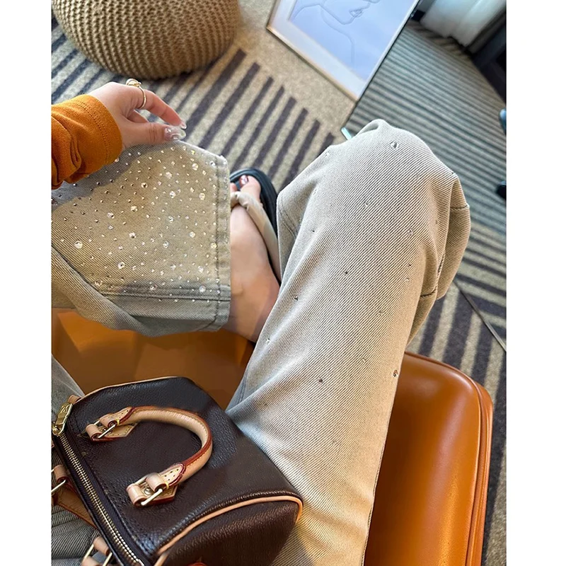 American Vintage Casual Pregnant Women's Denim Jeans Spring Ins Embellished with Rhinestones Maternity Fit Straight Pants Youth
