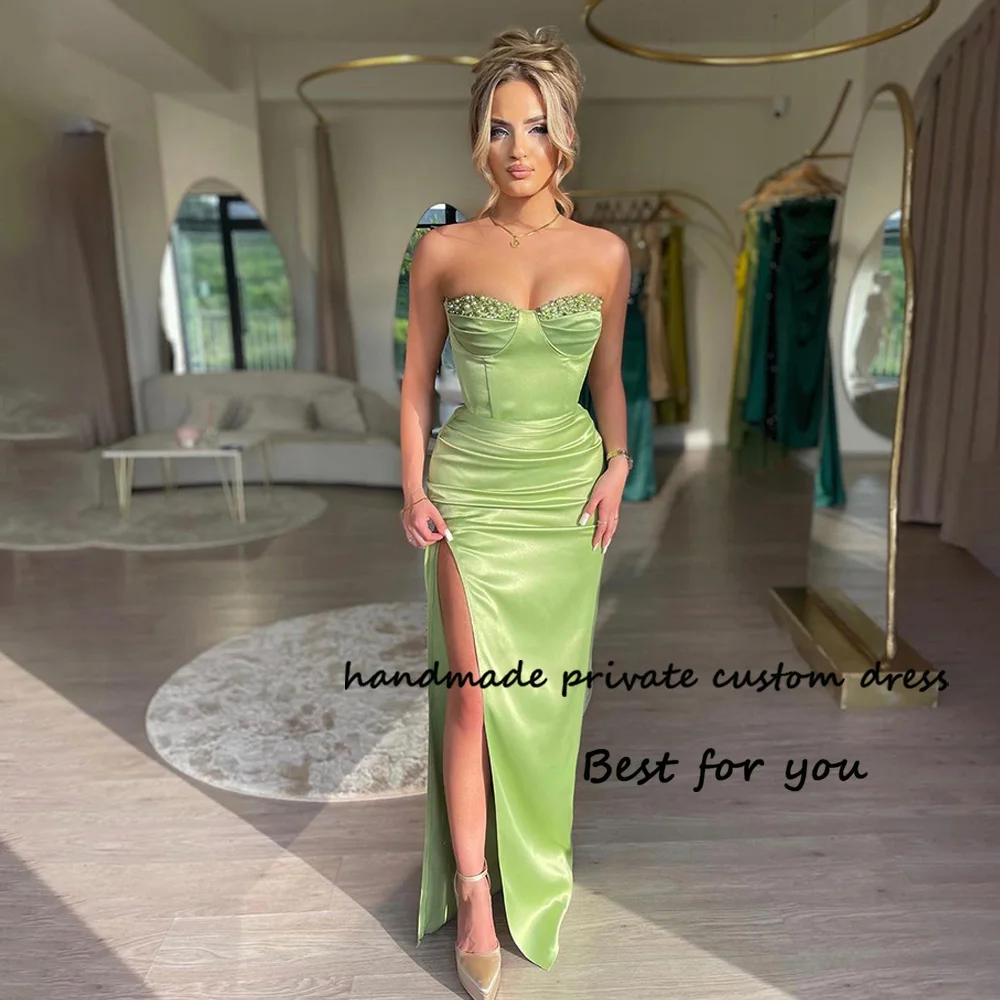 

Green Satin Mermaid Prom Dresses with Slit Pearls Beads Sweetheart Women Evening Party Dress Pleats Long Formal Occasion Gowns