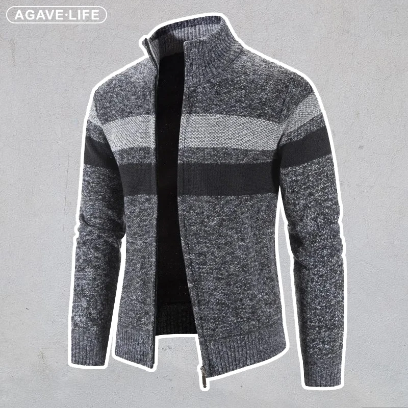 

Winter New Cardigan Men Knit Sweater Coat Fashion Striped Knitted Cardigans Mens Stand Collar Warm Sweatercoat Mens Clothing