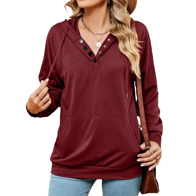Spring and Autumn Women's Pullover Hooded Solid Button Drawstring Pocket Long Sleeve Hoodies Fashion Casual Elegant Tops