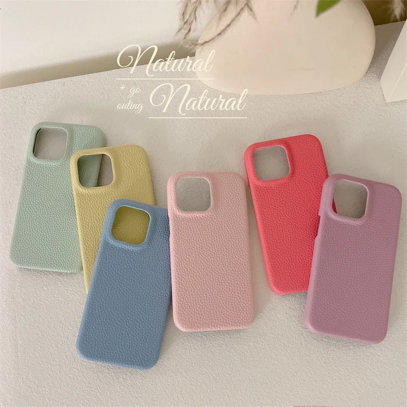 For iPhone 14Promax 2023 New Ins Net Red Simple Litchi Pattern PU Leather Half Pack Phone Case 14Pro 13Promax 12