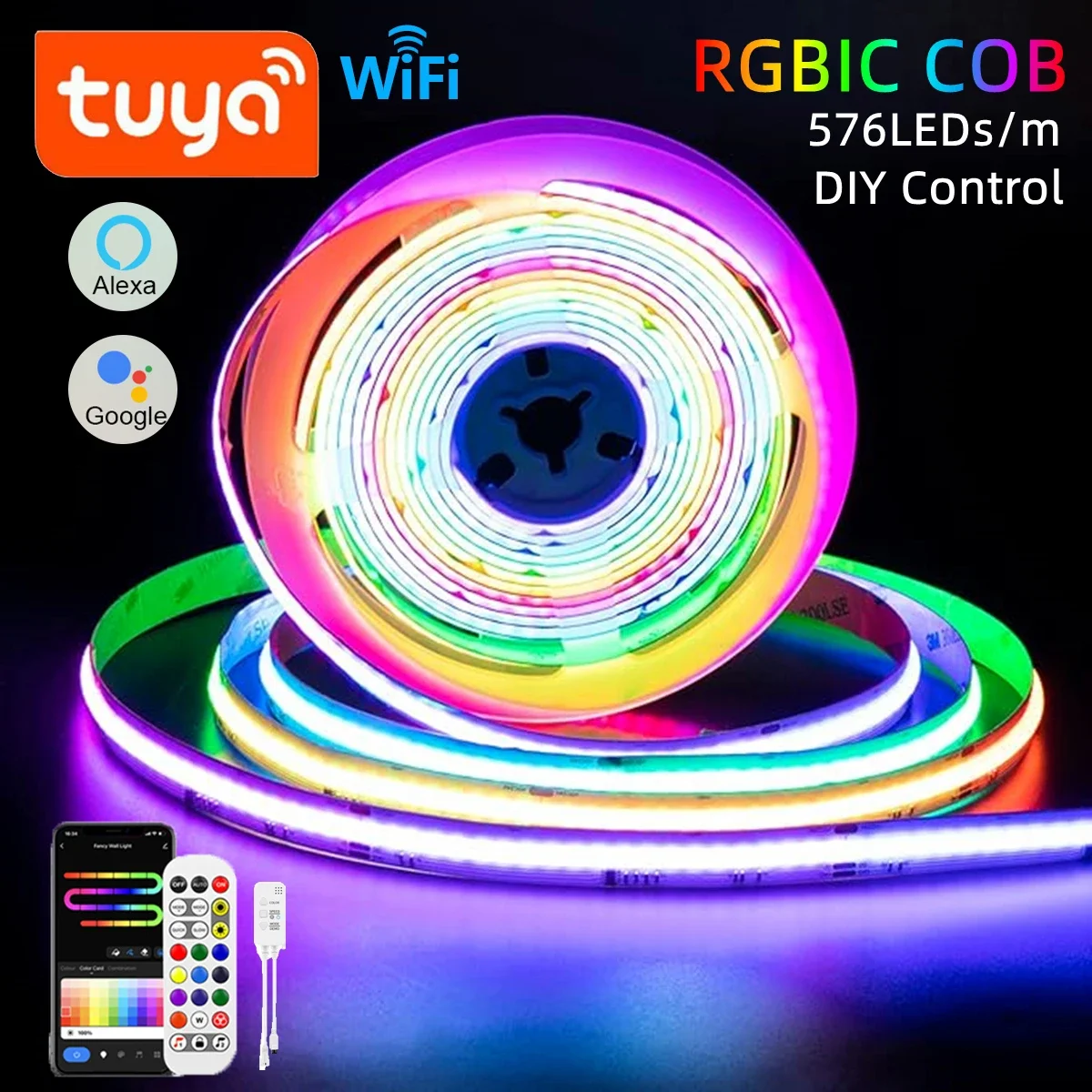 Tira LED RGB COB Inteligente WiFi Tuya - 12V Control Remoto