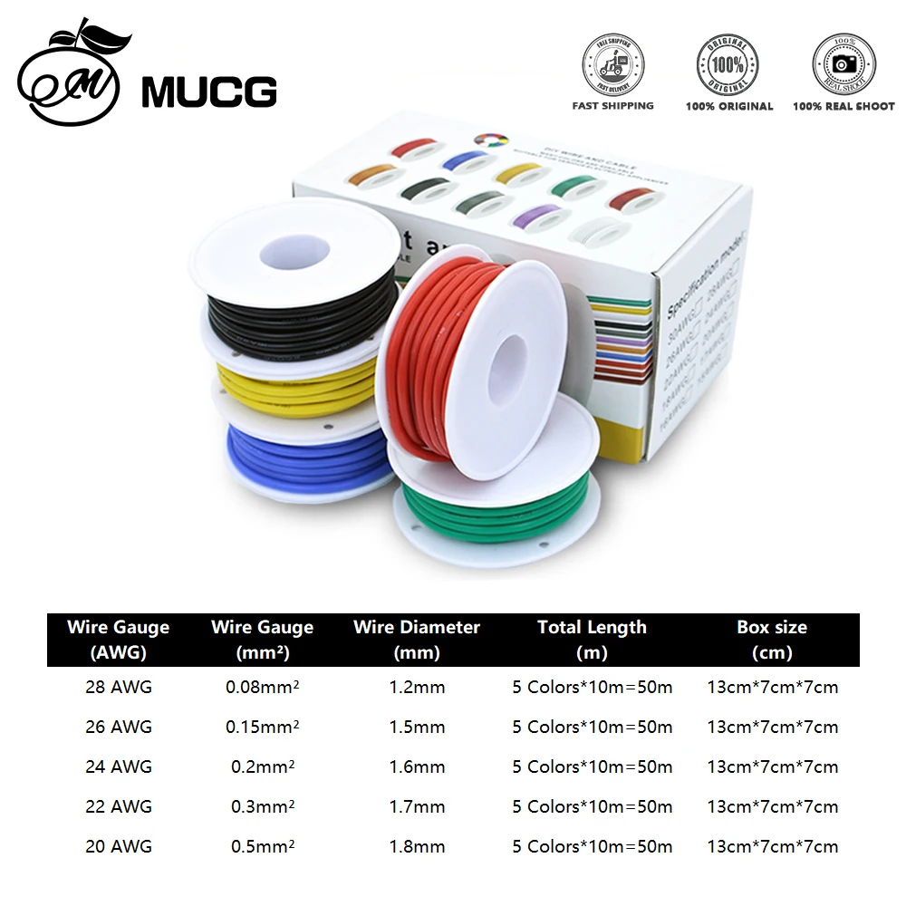 Multi-Color Flexible Silicone Electrical Wire Set - Stranded Tinned Copper, 5 Assorted Colors, Various Length Options