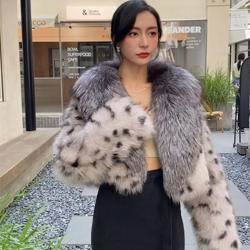 여성용 인조 실버 여우 모피 코트, 레오파드 패턴, 모조 밍크 모피 재킷, 큰 모피 칼라 파카, 가디건 플로킹 탑, 겨울