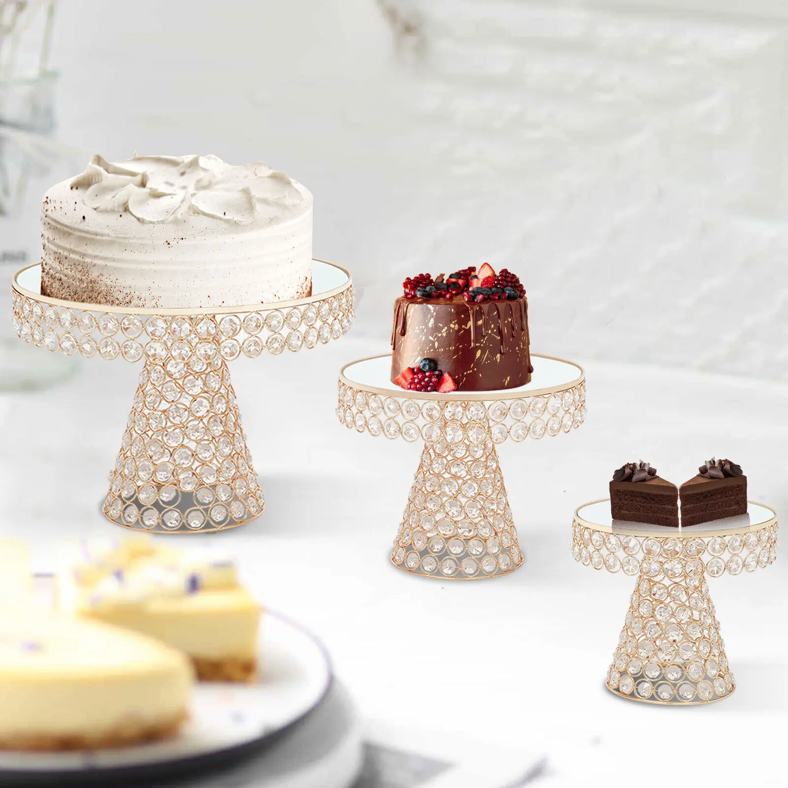 3 Piece Set Crystal Dessert Cupcake Cake Stand Gold Round With Bases For Party