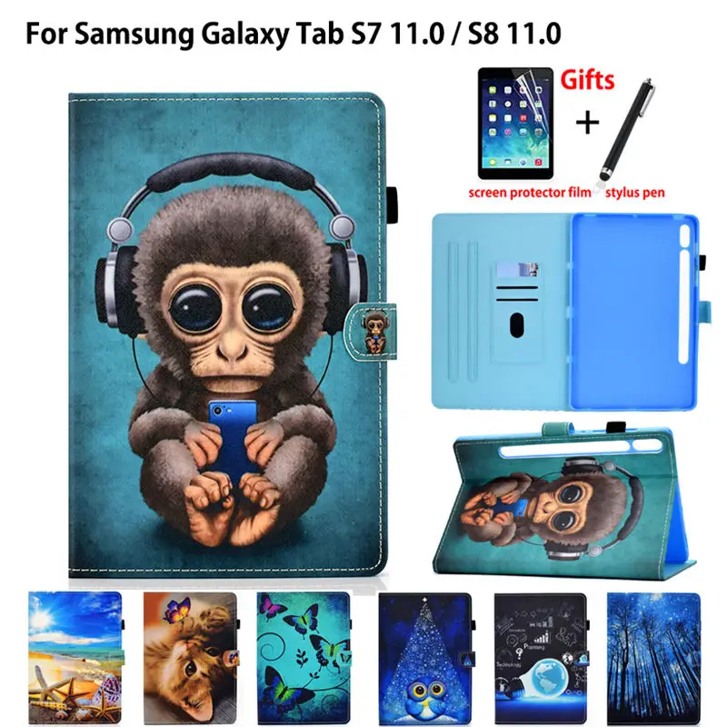 

For Samsung Galaxy Tab S8 5G Case 11" 2022 SM-X700 SM-X706B Tab S7 11 inch Cover Funda Cartoon monkey Painted Stand Coque +Gift