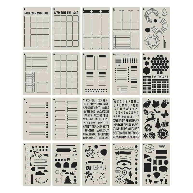 20개 A5 플래너 스텐실 저널 템플릿 DIY 드로잉 템플릿 DIY 노트북 스크랩북 다이어리 캘린더 5x7.5 인치