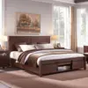 King Farmhouse Wood Bed Frame with Sliding Barn Door Storage Cabinets, Solid Wood Slats Support,  No Box Spring Needed, Brown 1