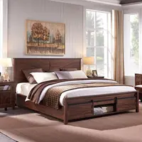 King Farmhouse Wood Bed Frame with Sliding Barn Door Storage Cabinets, Solid Wood Slats Support,  No Box Spring Needed, Brown 1