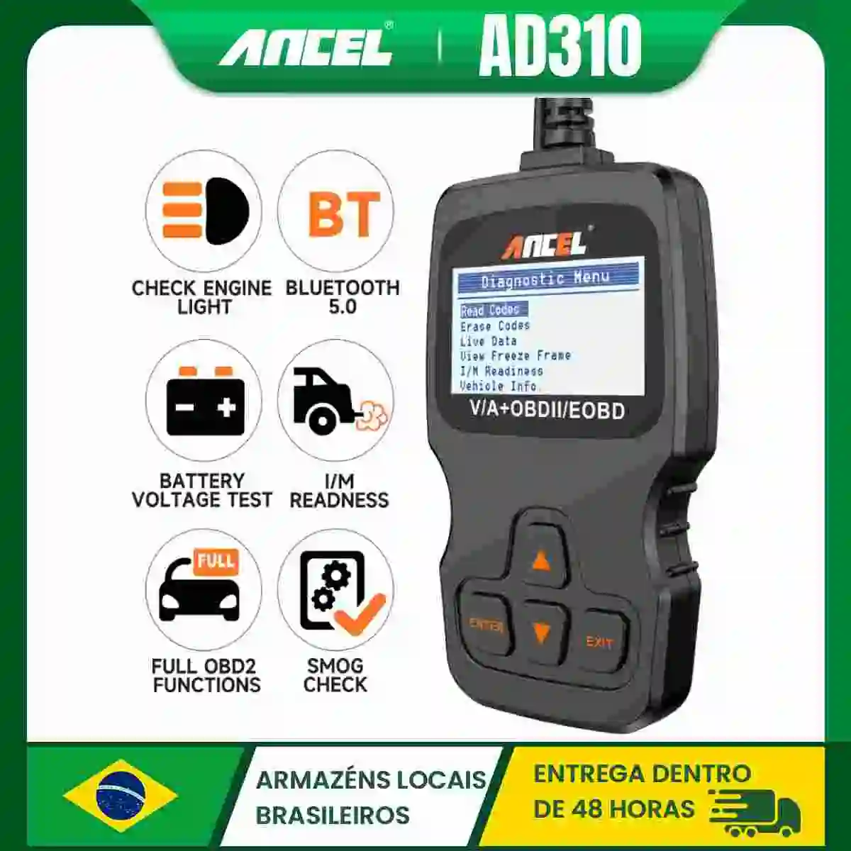 Scanner OBD II Universal para Carros, Leitor de Códigos de Falha do Motor CAN ANCEL AD310, Ferramenta de Diagnóstico para Ler e Apagar Códigos de Erro para Veículos de 1996
