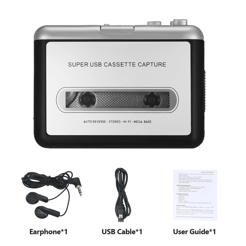Cassette Player USB Cassette Capture Cassette Tape-to-MP3 Converter into Computer HiFi Sound Quality Mega Bass Audio Music Player with Earphone