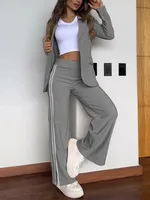 Autumn New Elegant Office Lady Suit 2024 Fashion Lapel No Buckle Blazer Striped Side Split Straight Trousers Two Piece Set Woman 1