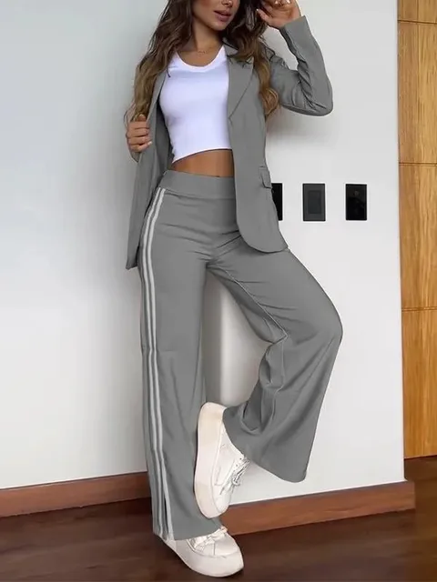 Autumn New Elegant Office Lady Suit 2024 Fashion Lapel No Buckle Blazer Striped Side Split Straight Trousers Two Piece Set Woman 1