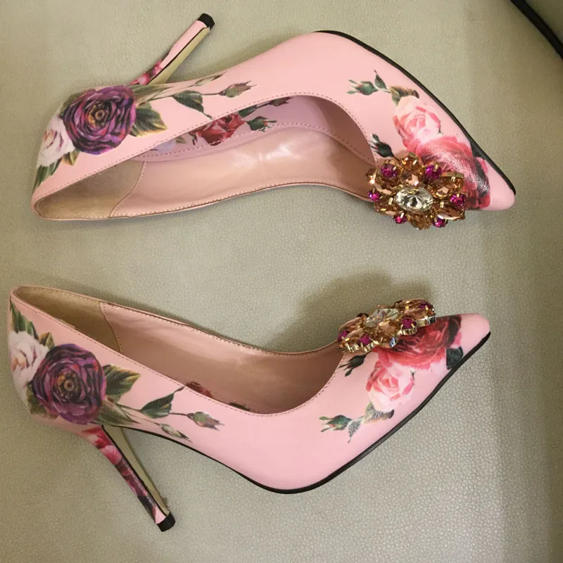 

2022 New Rose Print High Heels Rhinestone Flowers Pointed Toe Stiletto Leather Women's Shoes Wedding Shoes