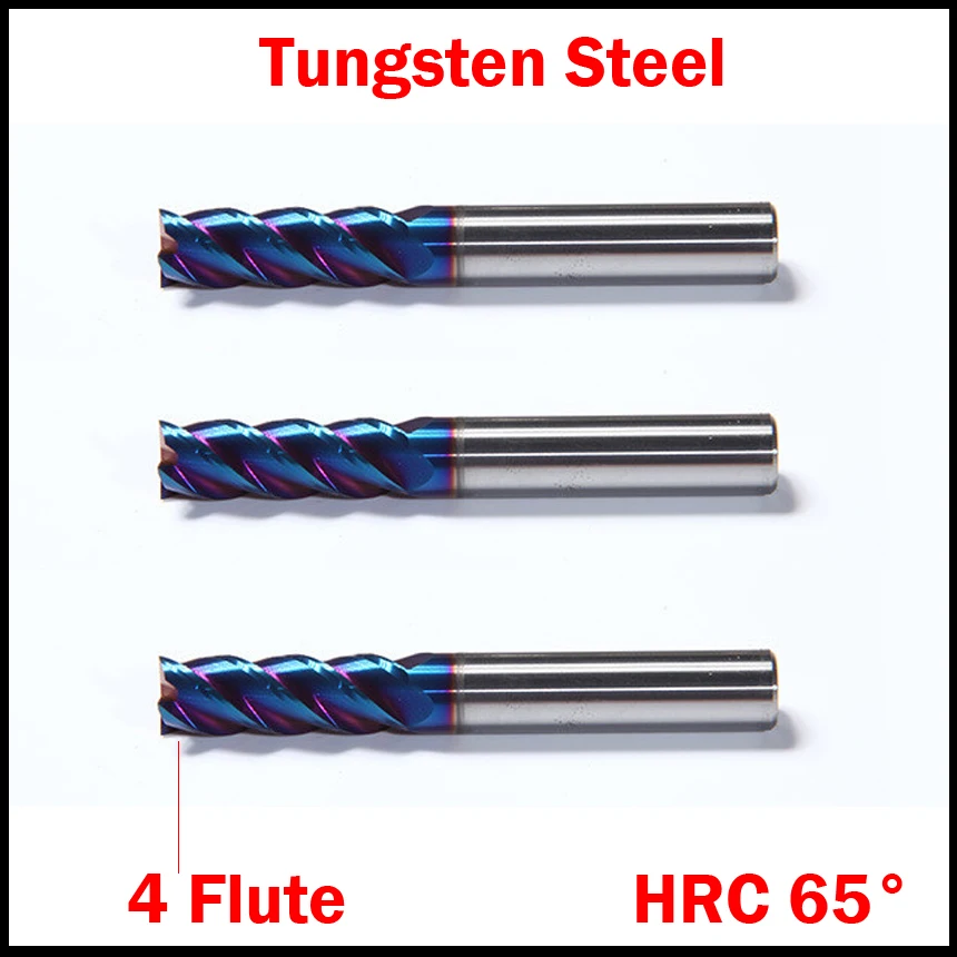 

2.5mm 3mm OD HRC65 NACo-Blue Coated Tungsten Solid Carbide 4 Flute Flattened Straight Shank CNC Tool End Mill Milling Cutter