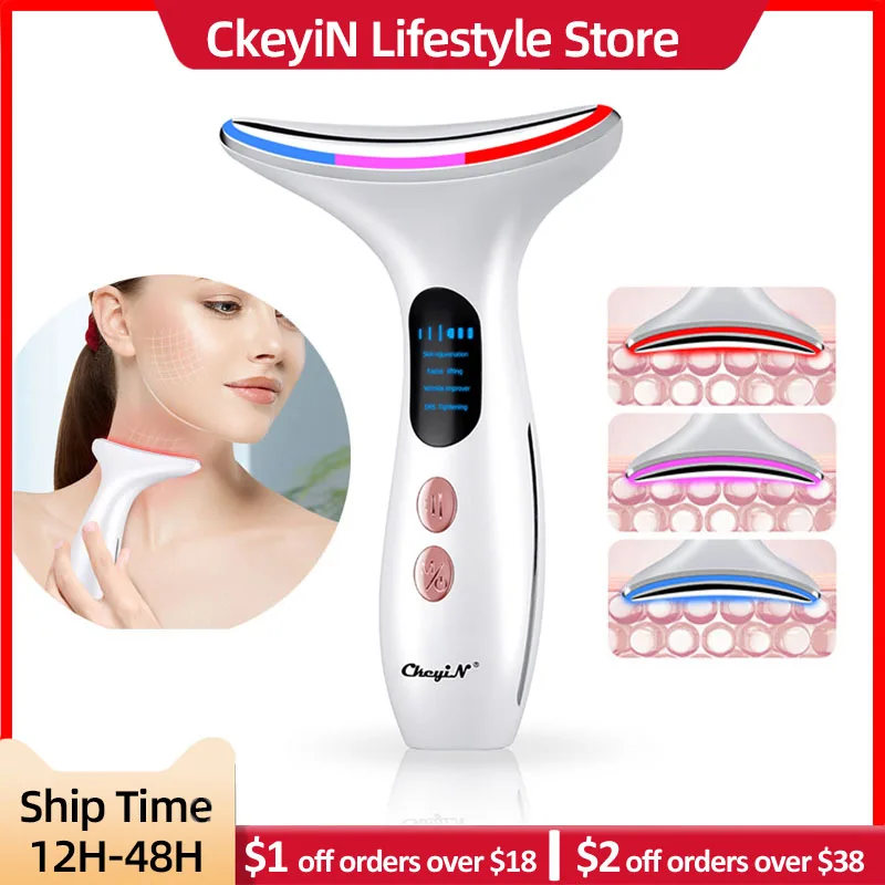 CkeyiN Neck Face Beauty Device LED Photon Skin Care Machine Face Lifting Firming Neck Wrinkle Removing Whitening Facial Massager 2in1 rf tripolar machine skin tightening rejuvenation facial beauty device eye face anti wrinkle whitening body slimming machine