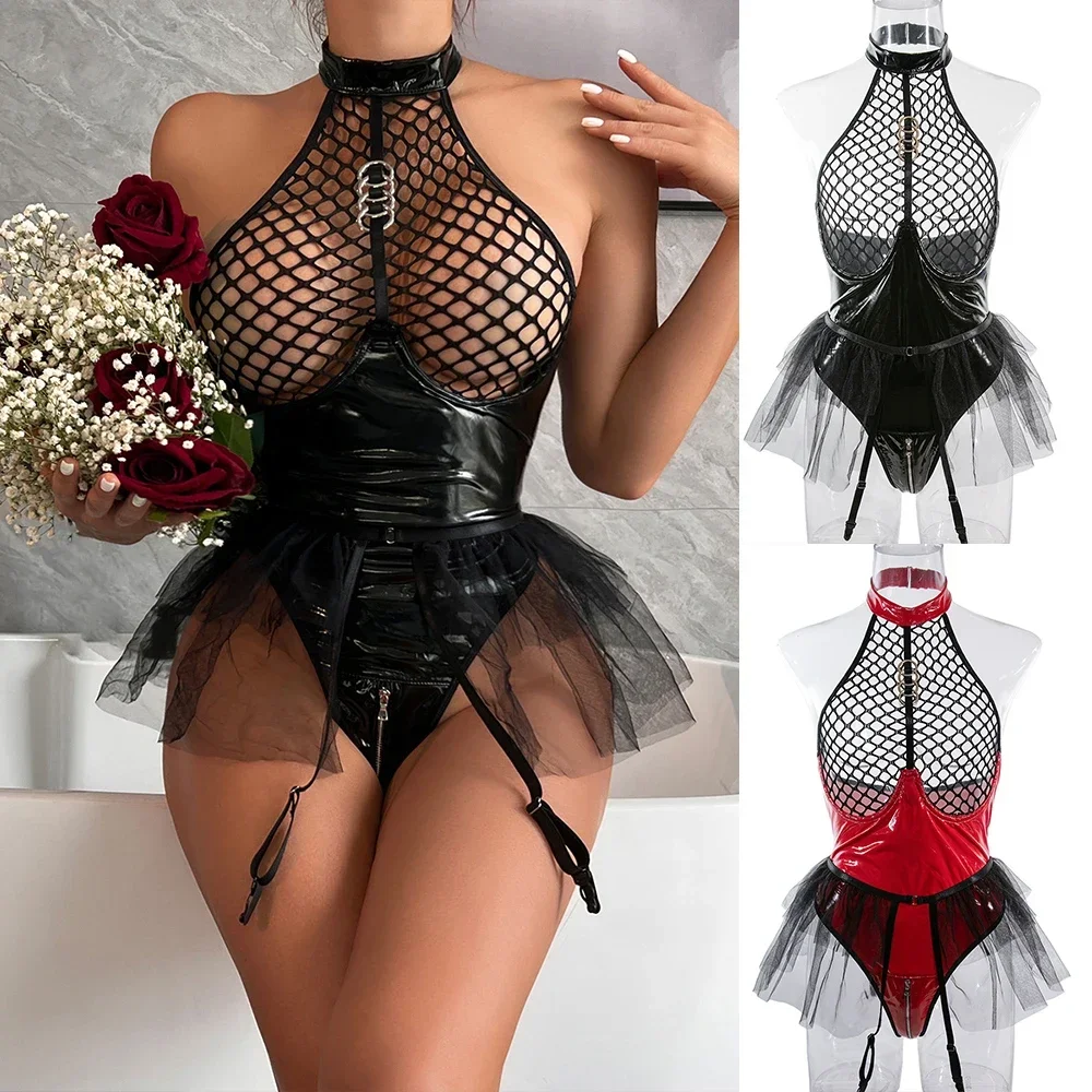 

One Piece PU Leather Women Bodysuit Sexy Fishnet Mesh Patchwork Black Bodysuit Erotic Femme Body Teddies Clubwear Overall Tights