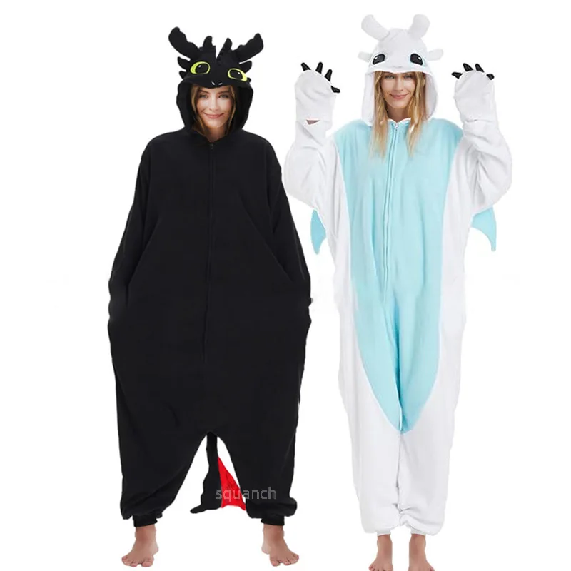 Kigurumi Pajamas Onesies Couple Halloween Dragon Black White Anime Women Men Zipper Jumpsuit