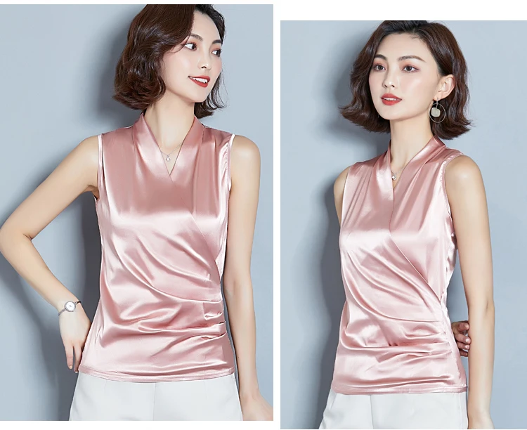New Smooth Satin Female Sleeveless Blouse V-neck Top Slim Fit Outside Shirts