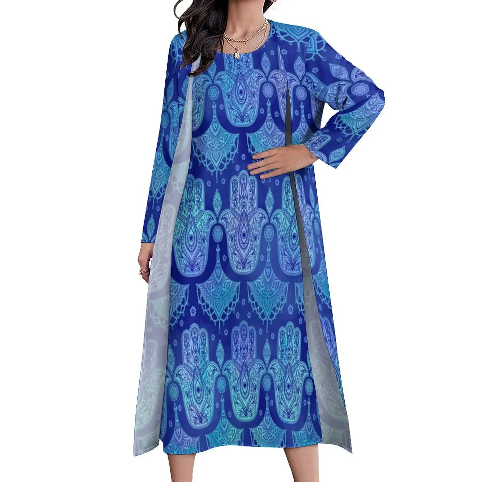 

Hamsa Hand Dress Blue Watercolor Vintage Maxi Dress Aesthetic Boho Beach Long Dresses Autumn Two Piece Graphic Vestido Big Size
