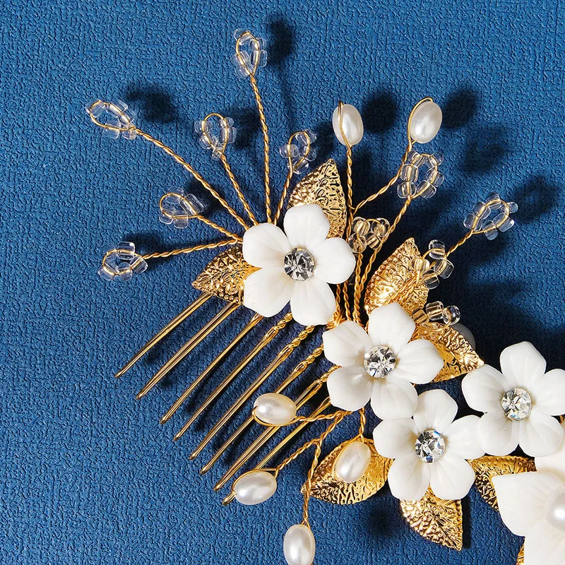 Floralbride Handmade Crystal Rhinestones Pearls Ceramic Flower Bridal Hair Comb Wedding Headpiece Hair Accessories Women Jewelry