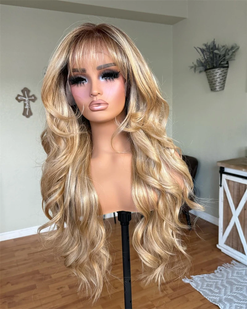 Light Honey Blonde with Icy Highlights Lace Part Wig with Bangs Synthetic Lace Front Wig for Women