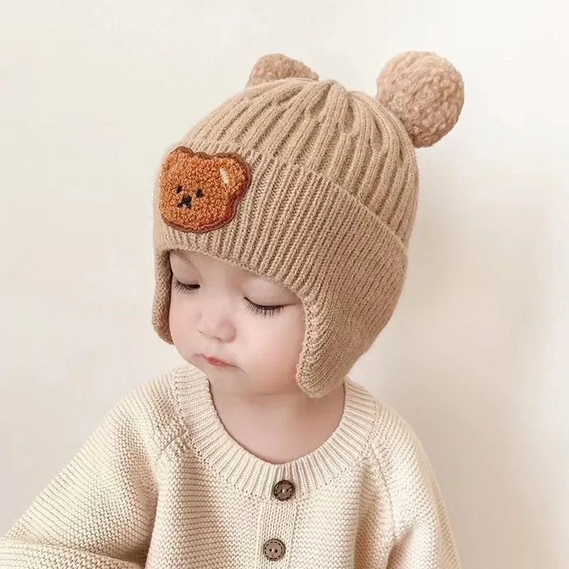 New Baby Warm Hat Cute Bear Double Ball Hat Infant and Toddler Warm Ear Protection Knitted Wool Hat Autumn/Winter 3