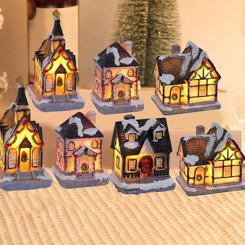 Mini LED Christmas Village Houses Building Xmas Winter Village Town Buildings Collection Home Indoor Room Decoration Xmas Gifts