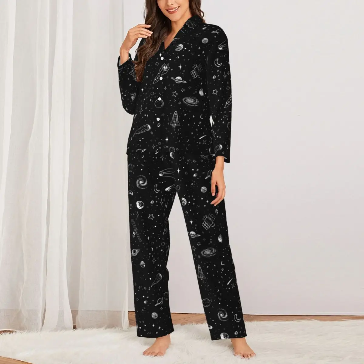 

Moon And Star Pajamas Female Artistic Space Cute Room Sleepwear Autumn 2 Pieces Casual Loose Oversized Custom Home Suit