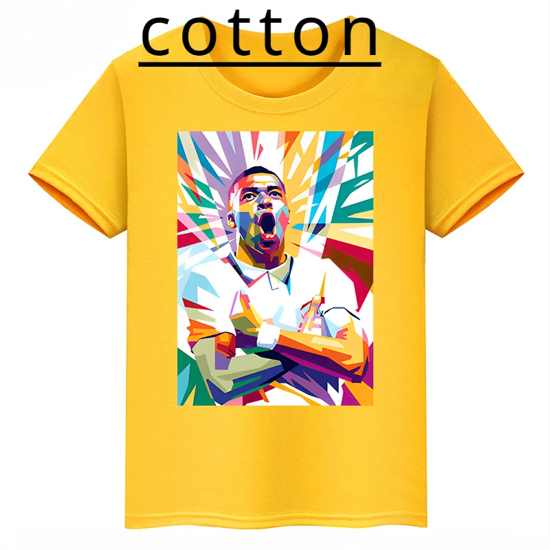 thumbnail image 1 of Camiseta deportiva de algodón amarilla de manga corta de verano para niños y niñas con estampado de avatar de Mbappé, 1 of 4