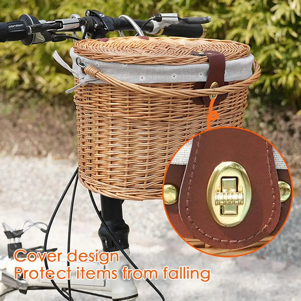 Wicker Bicycle Basket Handlebar Basket For Bicycle Storage Front Basket With Liner Beach Cruiser Basket With Cover And Leather