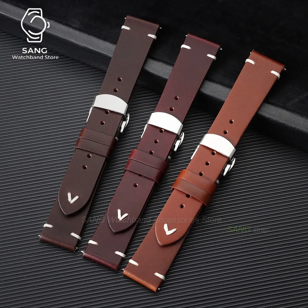 Vintage Cowhide Leather Watch Band with Butterfly Buckle - Quick Release Strap in Brown and Black