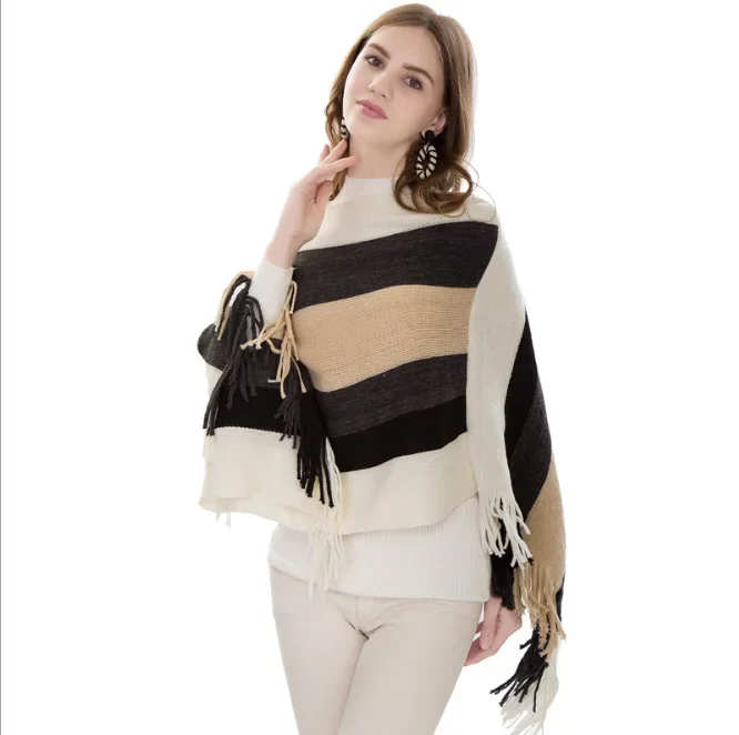 

Autumn Winter New Knitted Pullover Cloak Shawl Women's Fashion Stripe European American Women's Scarf Shawl Girl Outdoor Beige