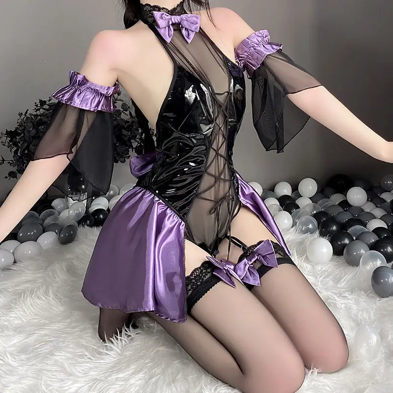 Genshin Impact Fischl Cosplay Sexy Maid Dress Nightwear Lolita Girls Backless Halter Latex Leather Bodysuit Lingerie Set