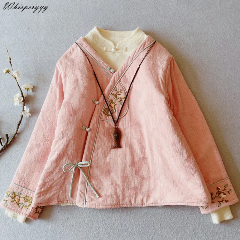 Chinese Style Embroidery Vintage Cotton and Linen Coat Women's Winter Hanfu Tops