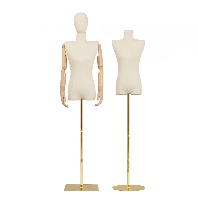 

Wooden Arm Cloth Cover Female Head Half Mannequins Metal Base Wedding Clothing Display Stand Adjustable Clothing Store Mannequin