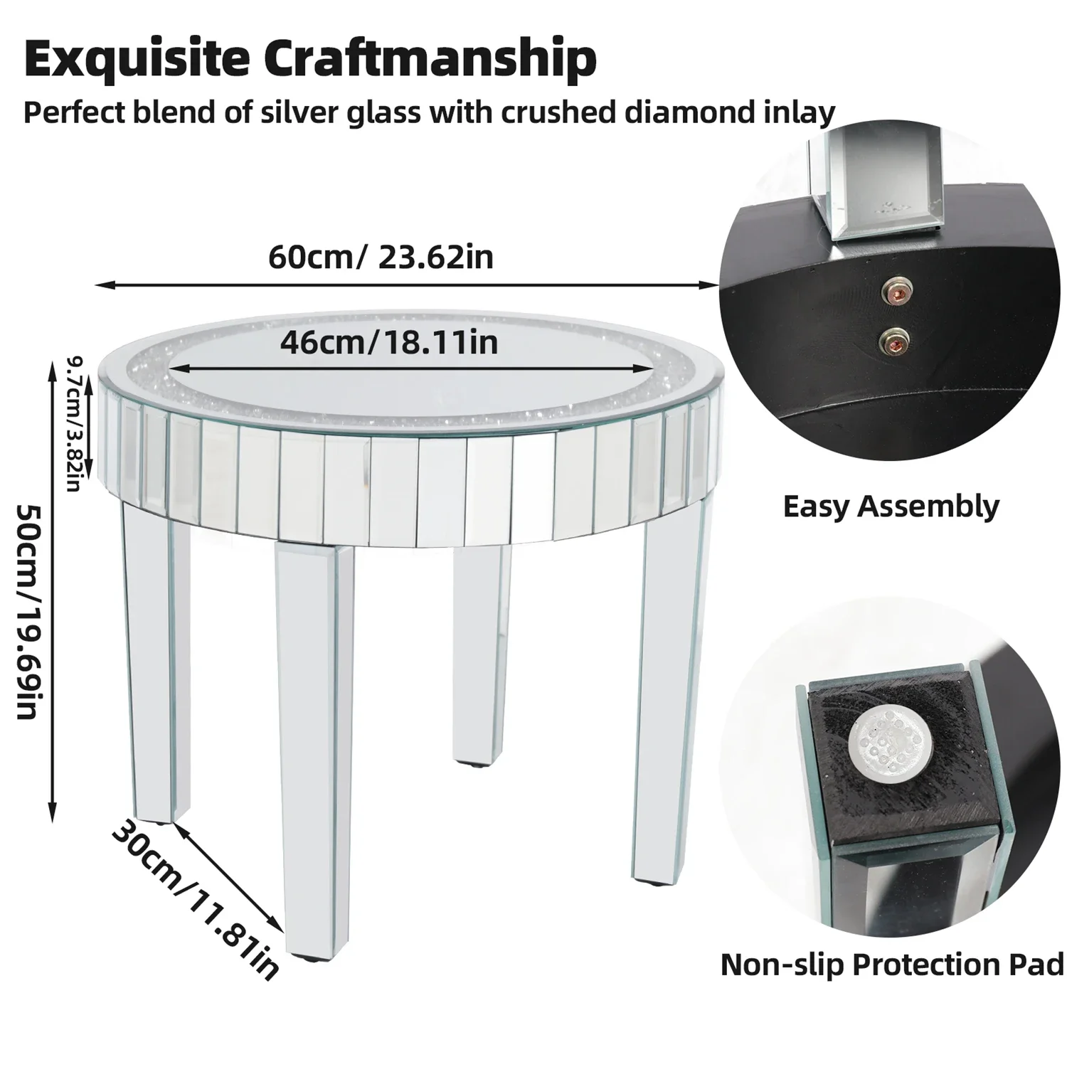 Crushed Crystal Round Coffee Table Glitz Sparkle Diamond Sofa Side Accent Table Bedside