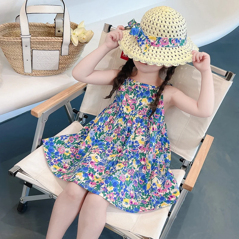 

Summer Girls Suspended Dress Floral Print Unique Design Princess Casual Clothes Children's Costume for Baby for 2-8 Years
