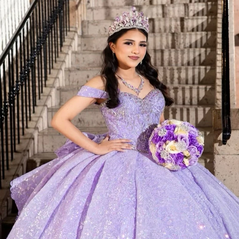 

Mexico Lavender Off The Shoulder Ball Gown Quinceanera Dress For Girl Applique Lace Beaded Birthday Party Gowns Prom Dresses