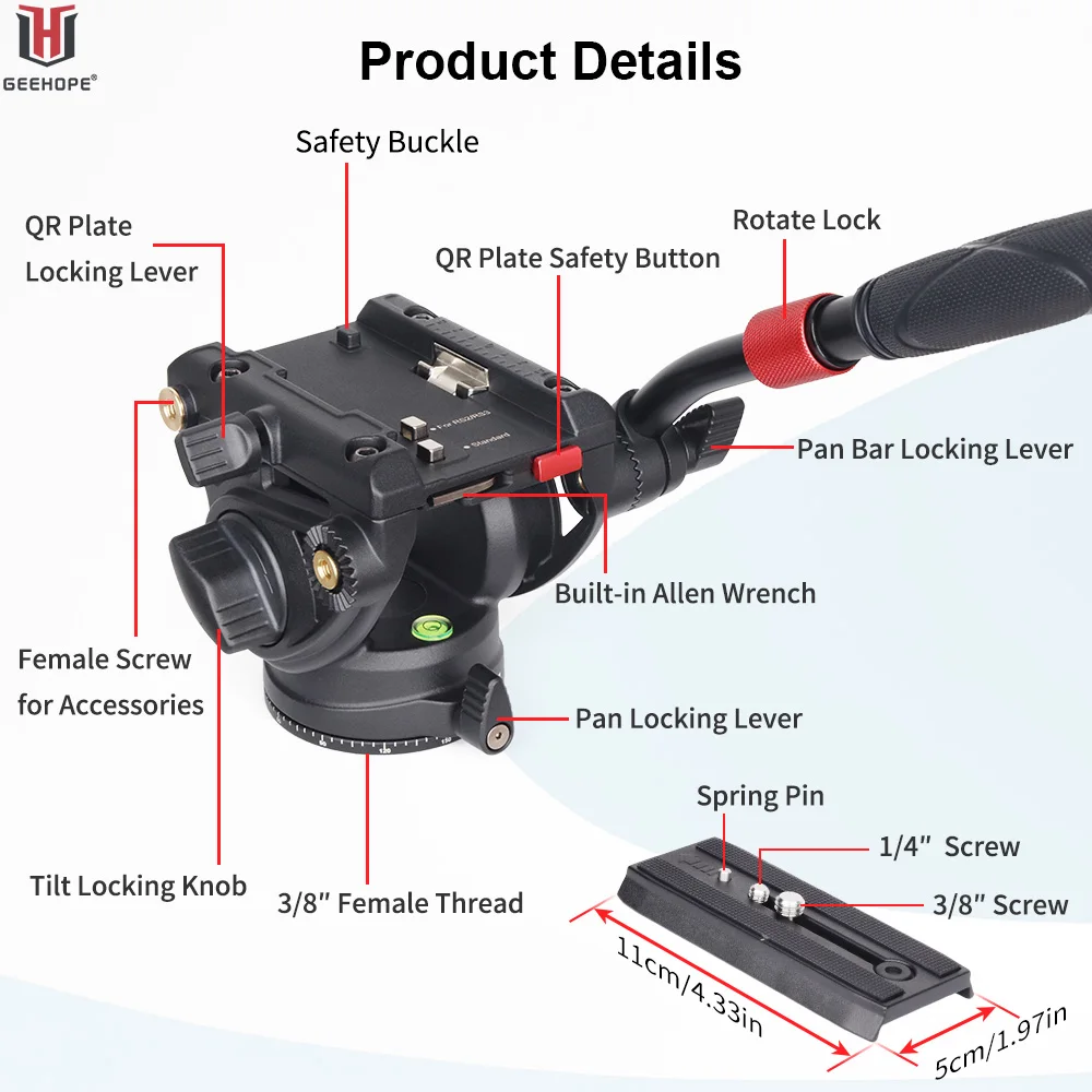 GEEHOPE GH-12 Fluid Video Head with 1/4" and 3/8" Screws Sliding Plate Max load 12kg for Video Cameras, DSLR,Tripod, Monopod
