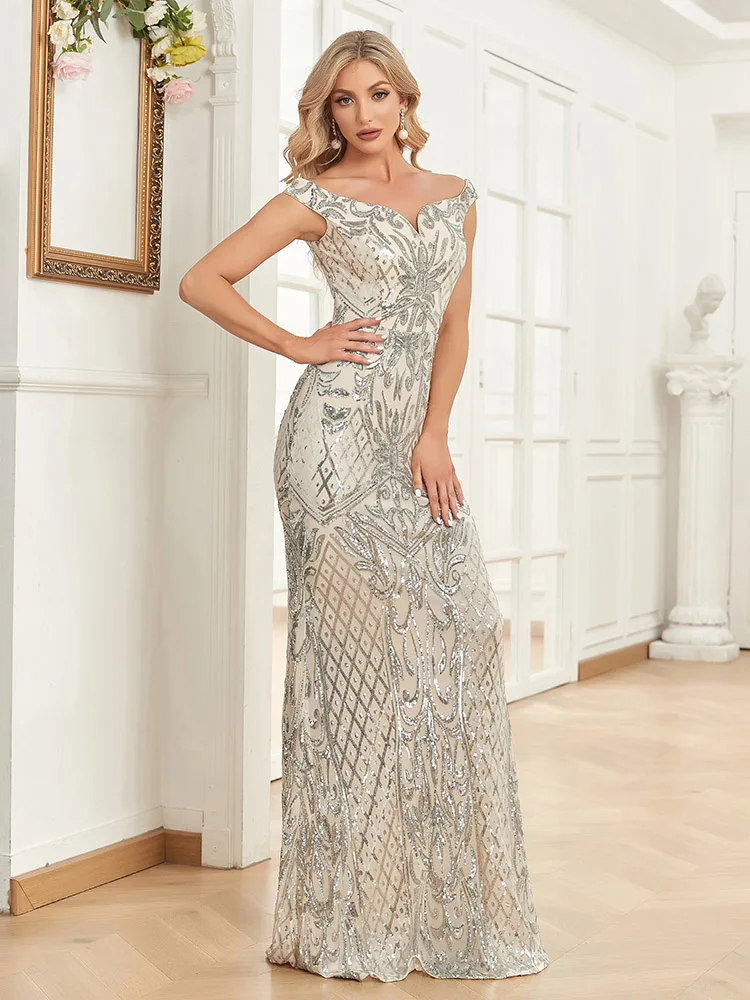 XUIBOL Elegant V Neck Pink Sequin Evening Dress 2023 Women Sleeveless Party Maxi Dress Long Luxury Formal Prom Gown