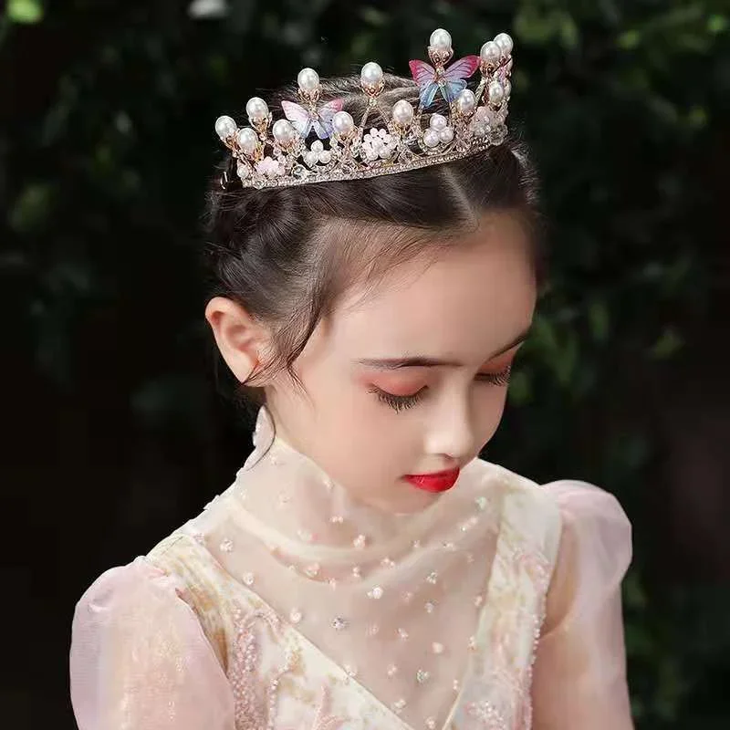

Gold Butterfly Princess Crown for Girl Handmade Rhinestone Tiara Fashion Pearl Headband for Birthday Wedding Model Catwalk Party