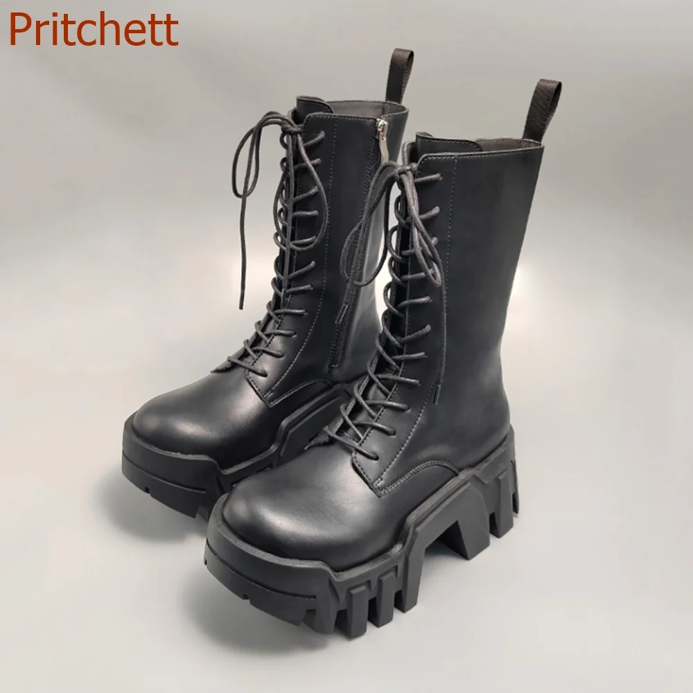 Square Toe Thick Heel Women Boots Solid Lace Up Sqaure Toe Genuine Leather Fashion Casual Punk Cross Tied Women Shoes 2023Newest