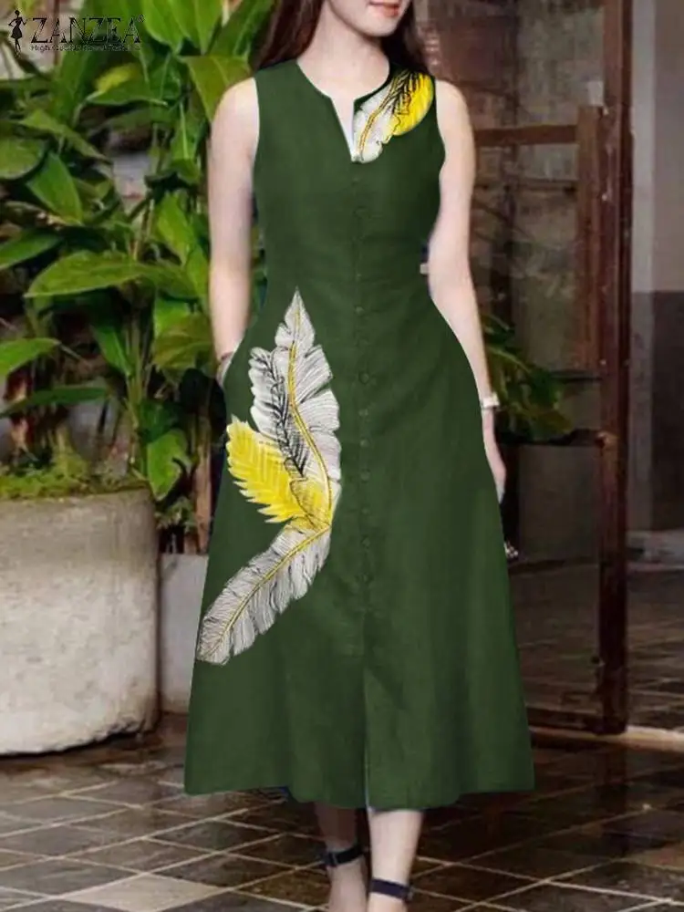 

ZANZEA 2024 Summer Casual Midi Dresses Leaves Printing Women Sleeveless Fashion Tank Dress Holiday Slit Hem V Neck Sundress