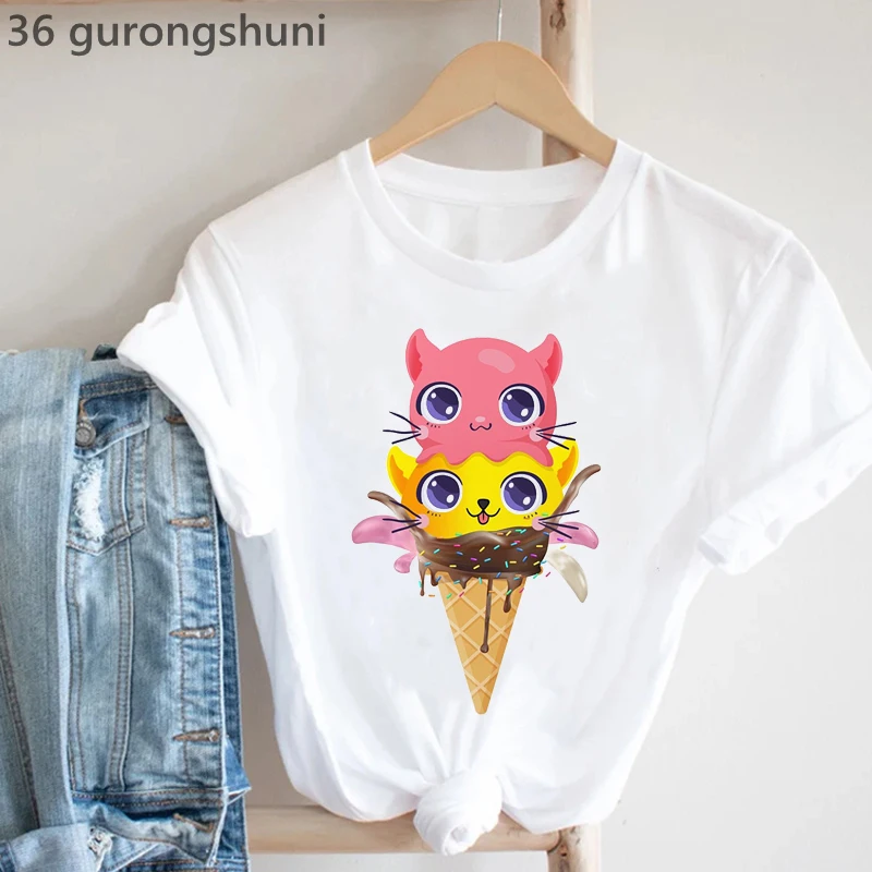 

Ice Cream Cat Print Tshirt Girl Women Clothes 2022 Funny Summer Stylish T-Shirt Femme Harajuku Shirt Short Sleeve T Shirt Femal